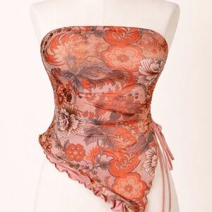 Floral Print Strapless Scarf Top in Coral and Taupe